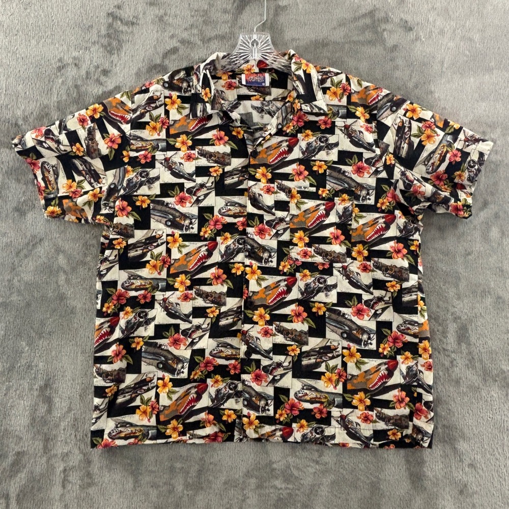 Dem Crazy War Fighter Planes Short Sleeve Shirt Mens XL Hawaiian Tropical Camp‎